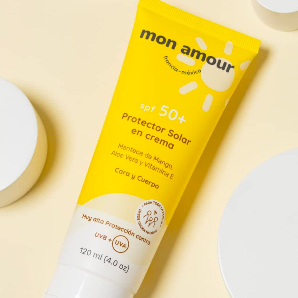 Mon Amour Protector Solar De Alta Protección SPF 50+ En Crema Para Cuerpo y Cara Con Activos Naturales de Manteca de Mango y Aloe Vera Para Pieles Delicadas De Bebés, Niños y Toda La Familia Desde Recién Nacidos 120 ML