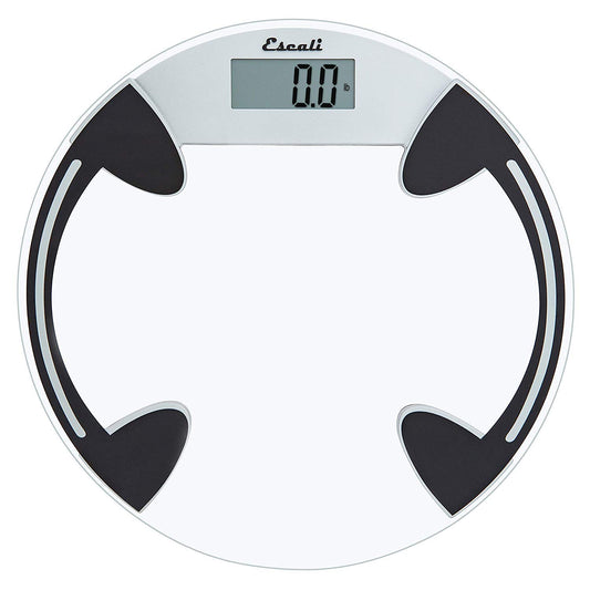 Escali Báscula digital de baño de vidrio para peso corporal, báscula de cuerpo de baño, alta capacidad de 400 libras, batería incluida, plataforma redonda transparente