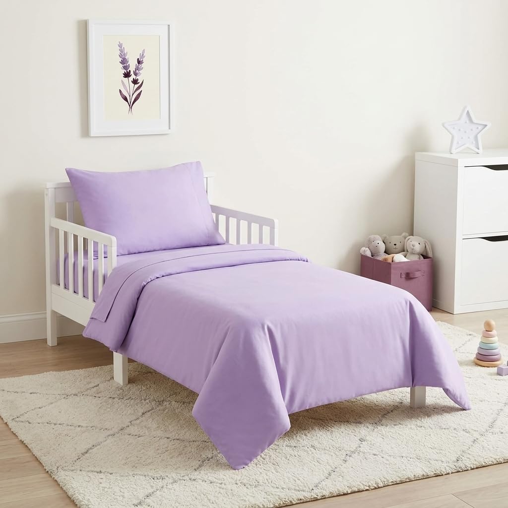 Everyday Kids - Juego de ropa de cama de 4 piezas para niños, incluye edredón, sábana encimera, sábana bajera y funda de almohada, color morado sólido