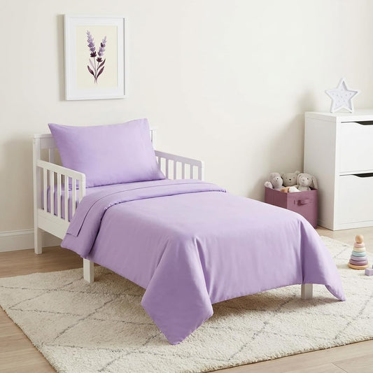 Everyday Kids - Juego de ropa de cama de 4 piezas para niños, incluye edredón, sábana encimera, sábana bajera y funda de almohada, color morado sólido