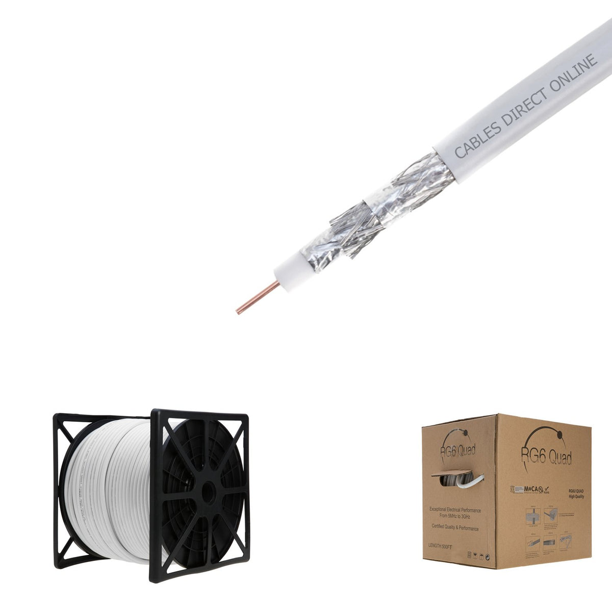 Cable Coaxial RG6 Quad Cables Direct Online Blanco 500 Pies Conductor de Acero Cobre 18 AWG para Televisión por Satélite