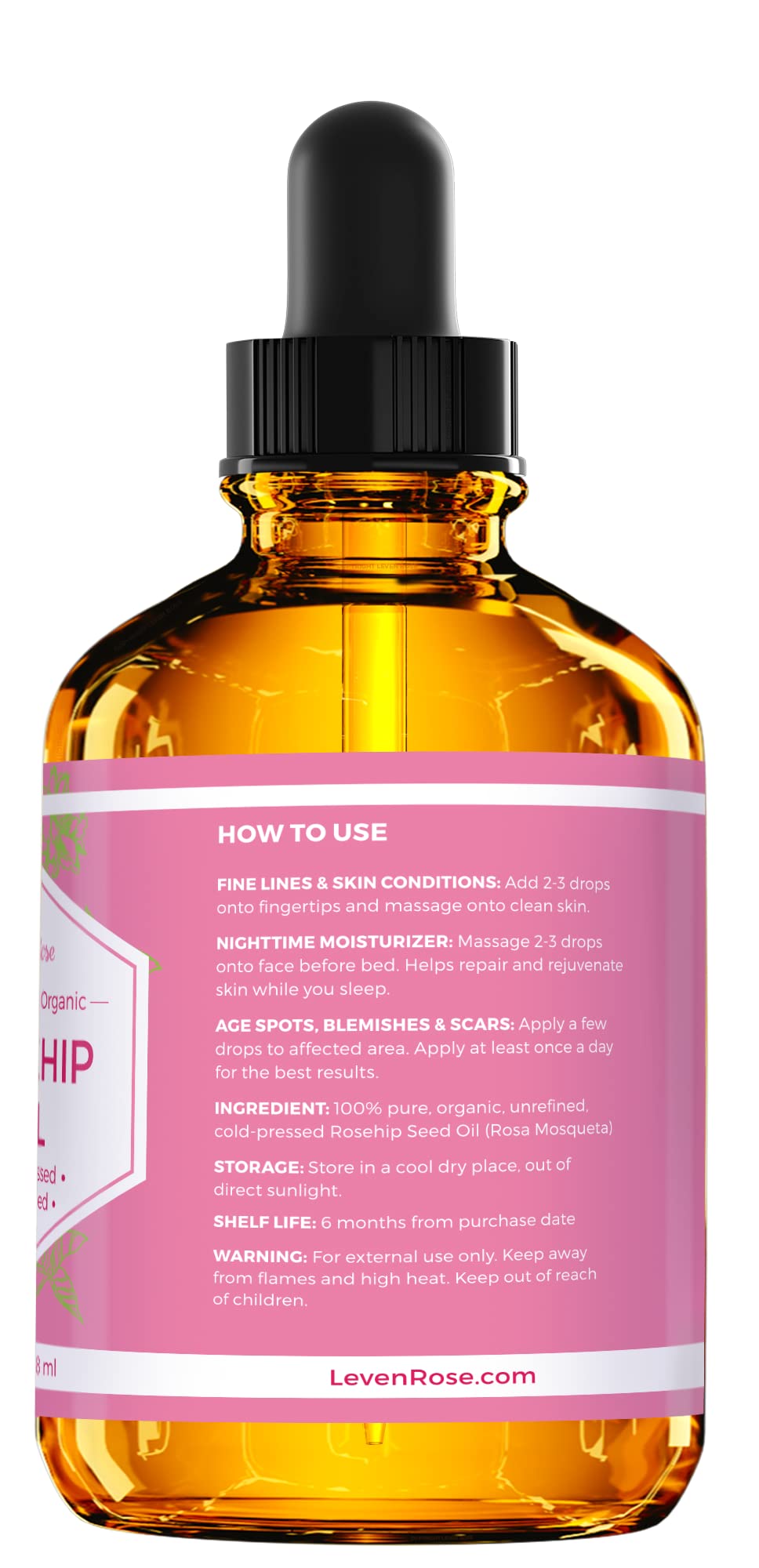 Rosehip Seed Oil by Leven Rose - 100% Pure Organic Unrefined Cold Pressed Anti Aging Moisturizer for Hair Skin and Nails - 4 oz