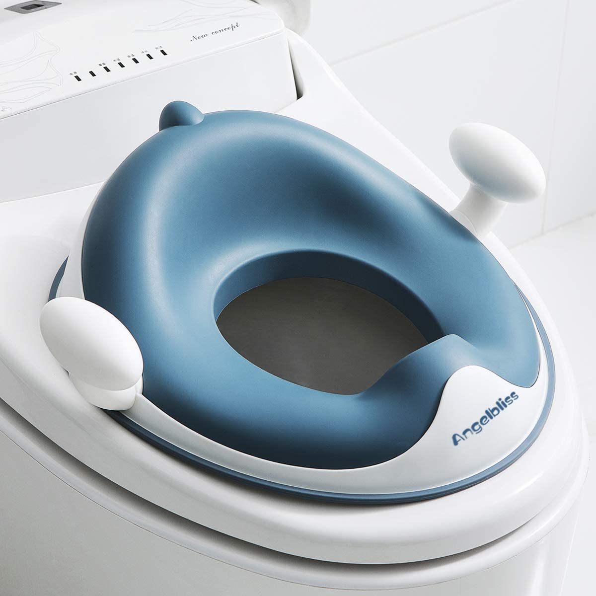 Angelbliss Asiento de inodoro infantil, para entrenamiento de Baby Potty, asiento de inodoro para niños y niñas, doble acolchado antideslizante, con asa y protección contra salpicaduras (Azul)
