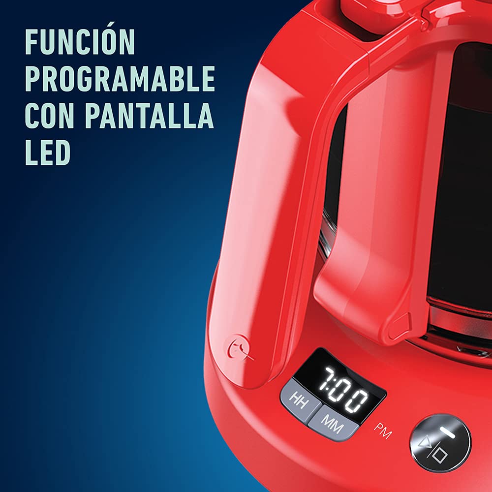 Cafetera Oster roja sistema programable 12 tazas con reloj digital