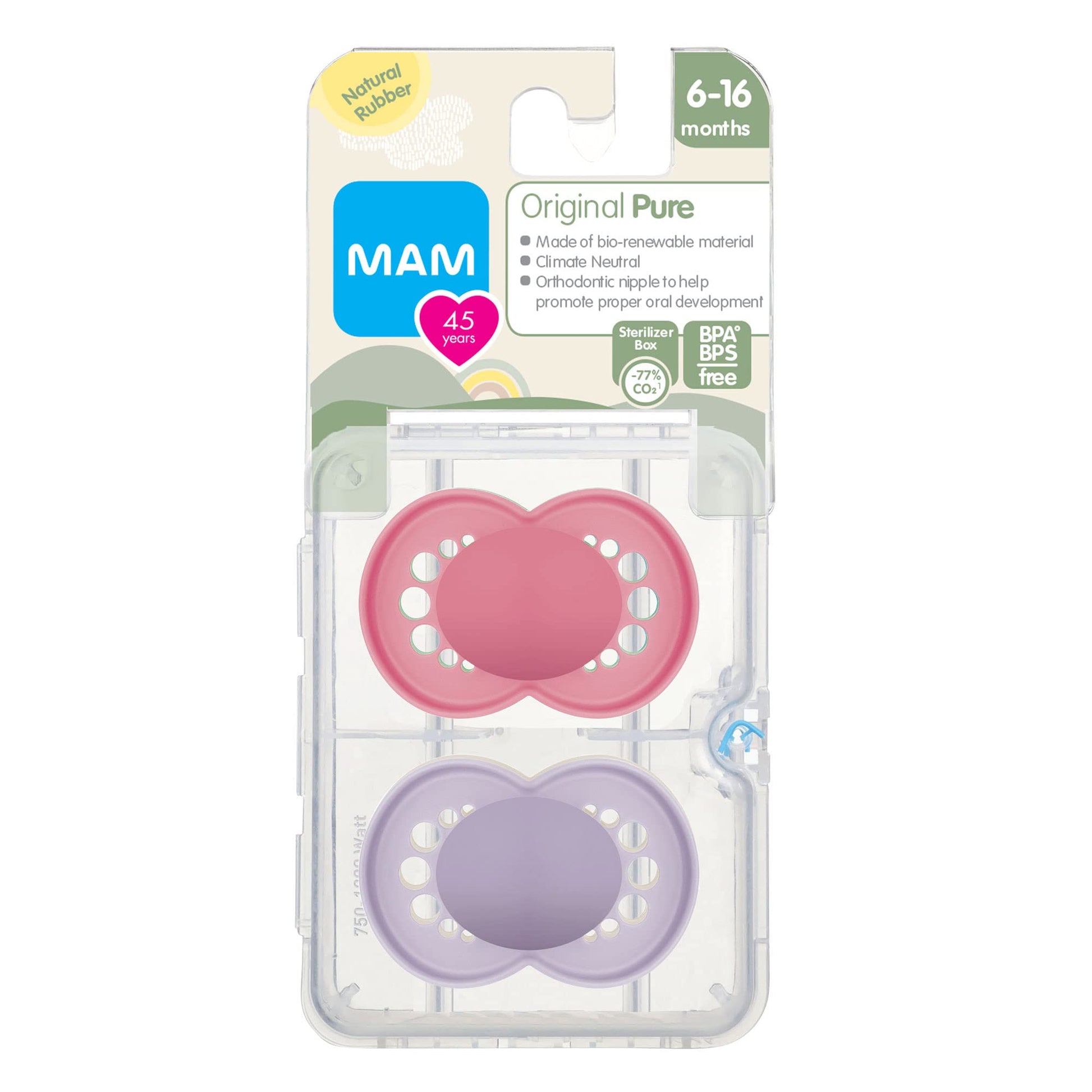 MAM - Chupetes de látex originales, chupete Binky para 6-16 meses, pezón de goma natural, hecho de materiales bio-circulares, fácil de limpiar, con estuche esterilizador, 2 unidades