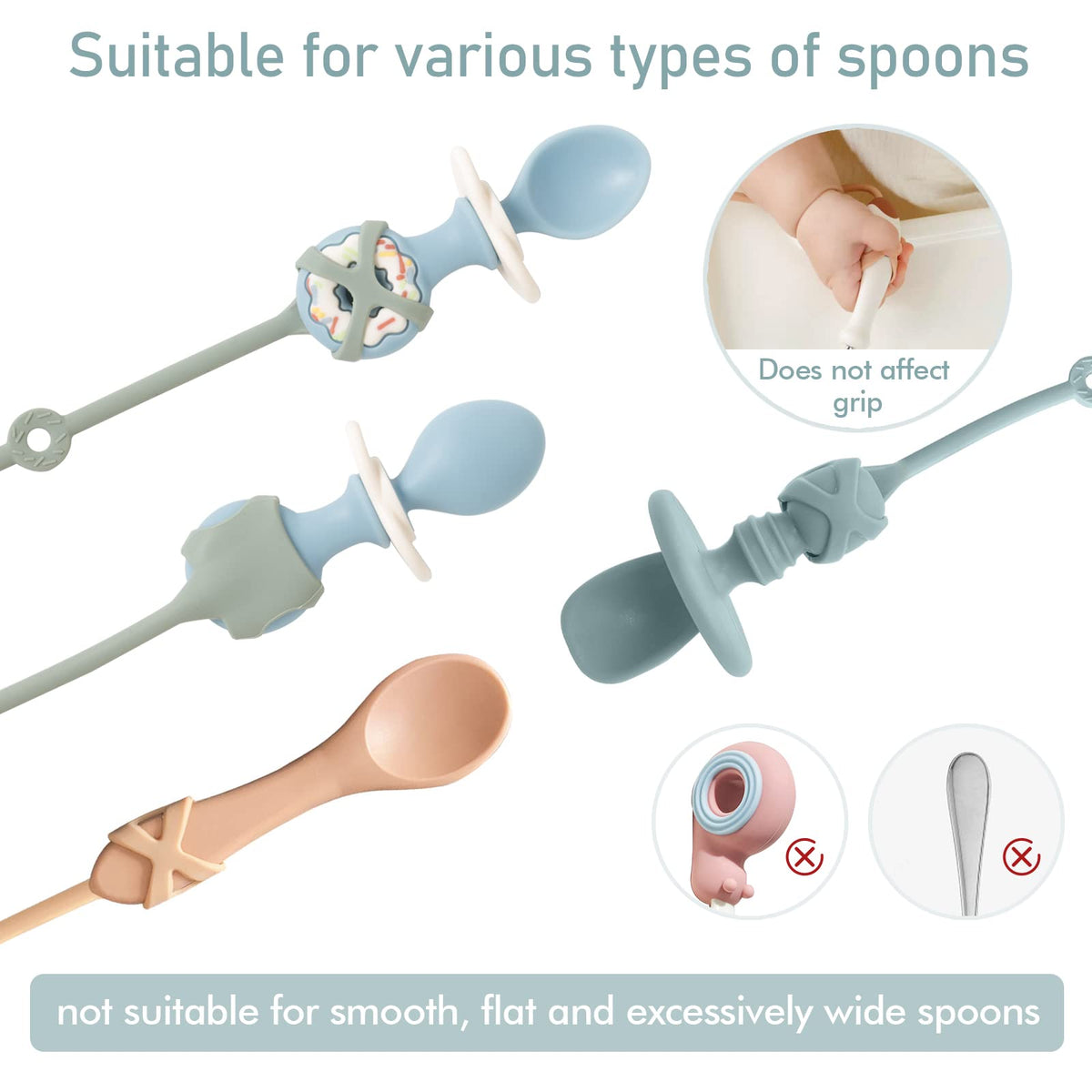 SMAutoLife - Utensilios para niños pequeños, tapas elásticas de silicona para tenedor y cuchara, correa de soporte de silicona de grado alimenticio para mantener el tenedor y la cuchara fuera del piso