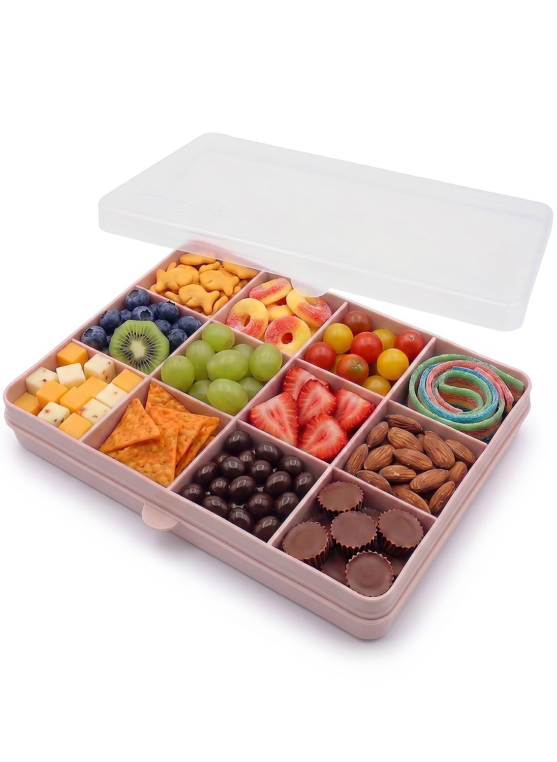 Melii Snackle Box | Contenedor de 12 compartimentos con divisores extraíbles, almacenamiento de alimentos sin BPA para viajes, escuela y aperitivos para llevar, organizador para niños y familias (rosa