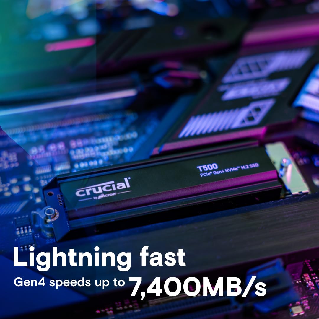 Crucial T500 1TB Gen4 NVMe M.2 SSD Interno para Juegos con disipador de Calor, hasta 7300 MB/s, Compatible con PlayStation 5 + 1mo Adobe CC Todas Las Aplicaciones - CT1000T500SSD5