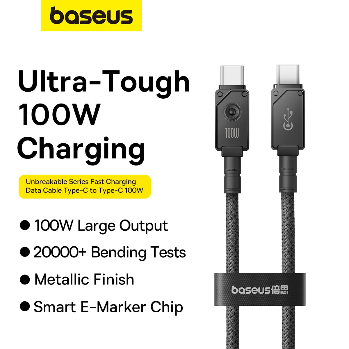 Baseus Cable Fibra aramida F-12 irrompible de Carga rápida y Datos Tipo-C a C, 100W, 1m, Negro