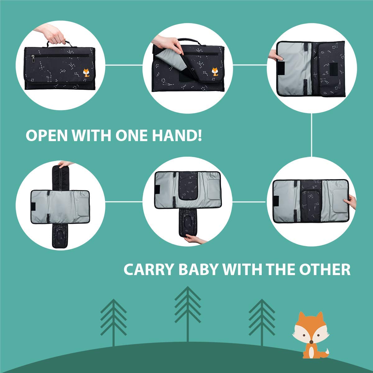 Cambiador portátil de pañales de Lil Fox - Cambiador de pañales de una mano para bolso de pañales de bebé o mesa de cambio. Regalos unisex para baby shower, artículos esenciales para recién nacidos