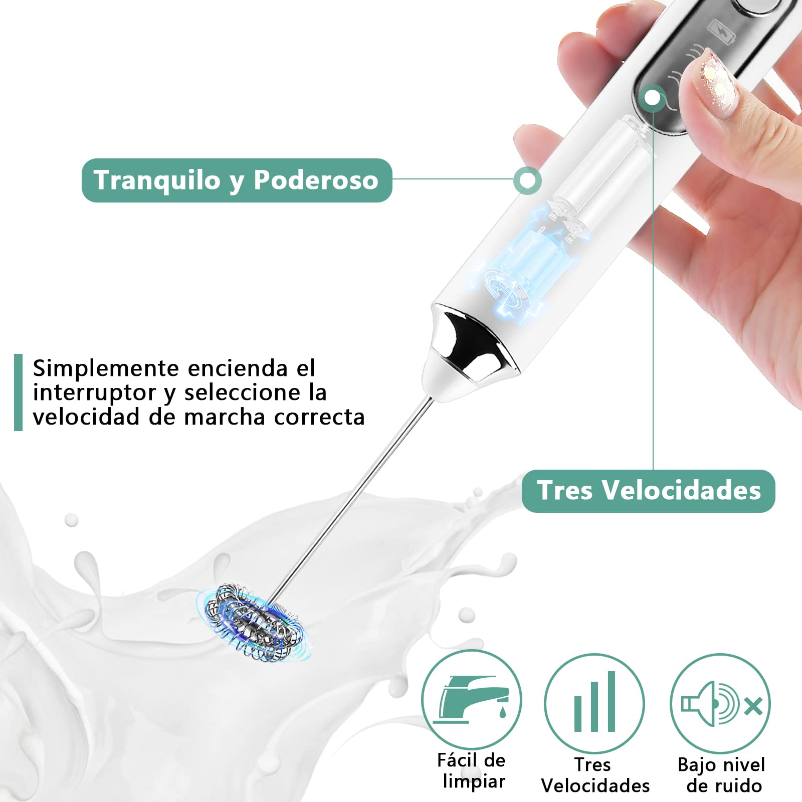 Espumador de Leche Eléctrico Recargable USB Negro con 3 Velocidades y 2 Batidores