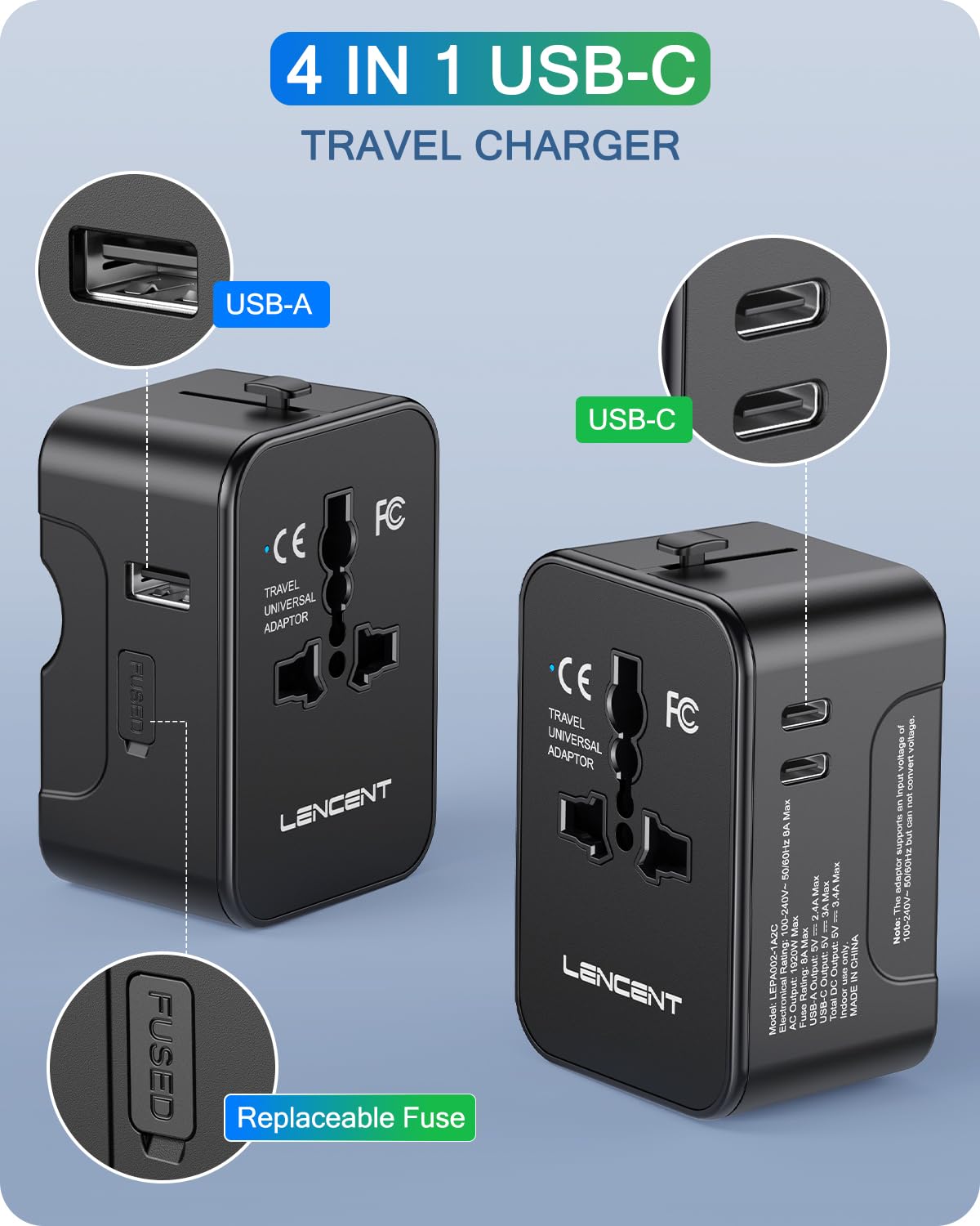LENCENT Adaptador Universal de Viaje, Cargador Internacional con 1 USB-A y 2 USB-C, Todo en Uno Adaptador Internacional con Enchufe Tipo A/C/G/I, Ideal para USA/UE/UK/Australia/Argentina/Brasil/China