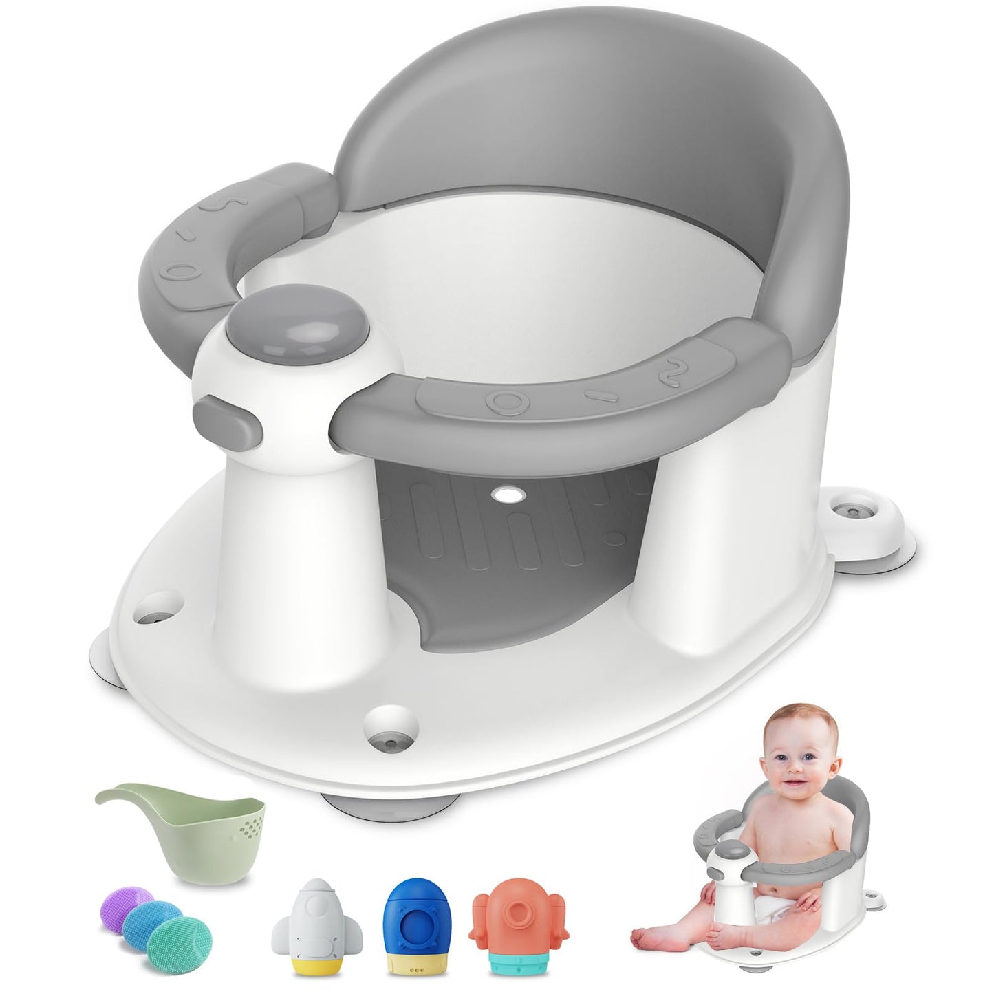 TOSGN - Asiento de baño de bebé para bebés de 6 meses en adelante, 3 juguetes de baño de bebé, asiento de baño antideslizante, soporte de baño seguro y cómodo, para tina/sala de estar, ducha, color