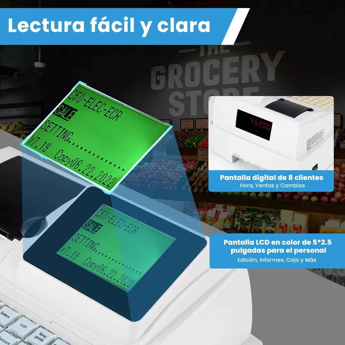 Caja Registradora Comercial, Caja Registradora Electrónica LED de 8 Dígitos, Detector de Moneda con Luz Violeta, Impresora Térmica con Cajón y Teclado, Adecuada para Pequeñas Empresas, Supermercados