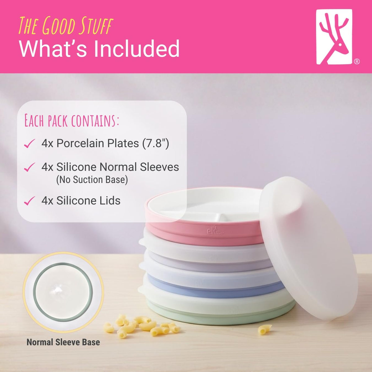 Elk and Friends - Platos blancos divididos de porcelana de 20 cm, con fundas de silicona, para bebés y niños, aptos para microondas y lavavajillas, antideslizantes, para aperitivos