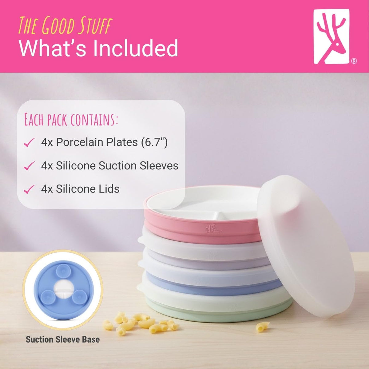 Elk and Friends Kids - Platos divididos de porcelana blanca de 6.7 pulgadas con mangas de succión de silicona + tapas, adecuados para bebés/niños pequeños, aptos para microondas y lavaplatos, vajilla