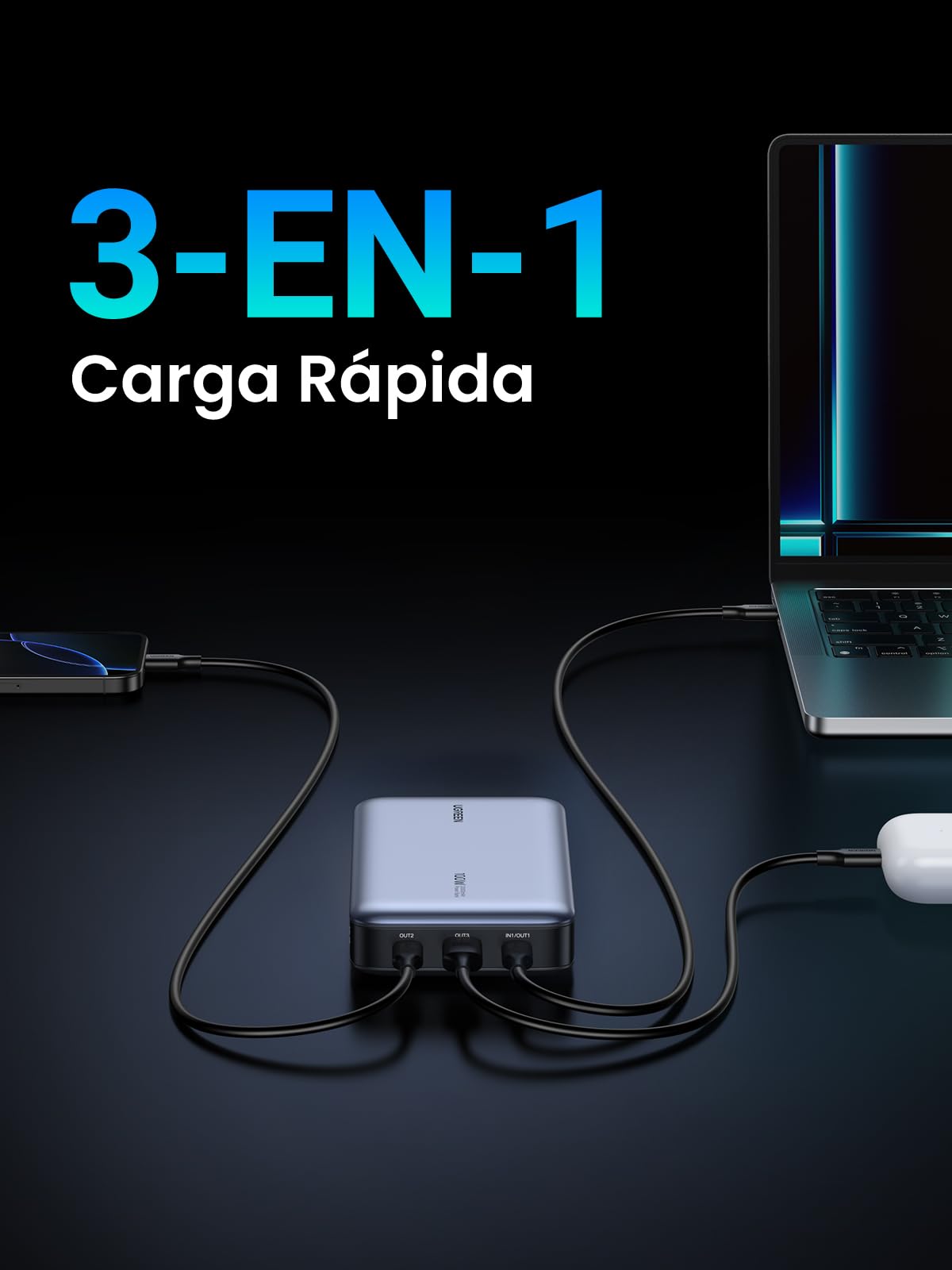 Power Bank UGREEN Negro Carga Rápida 100W 20000mAh USB C con 3 Puertos y Pantalla Digital