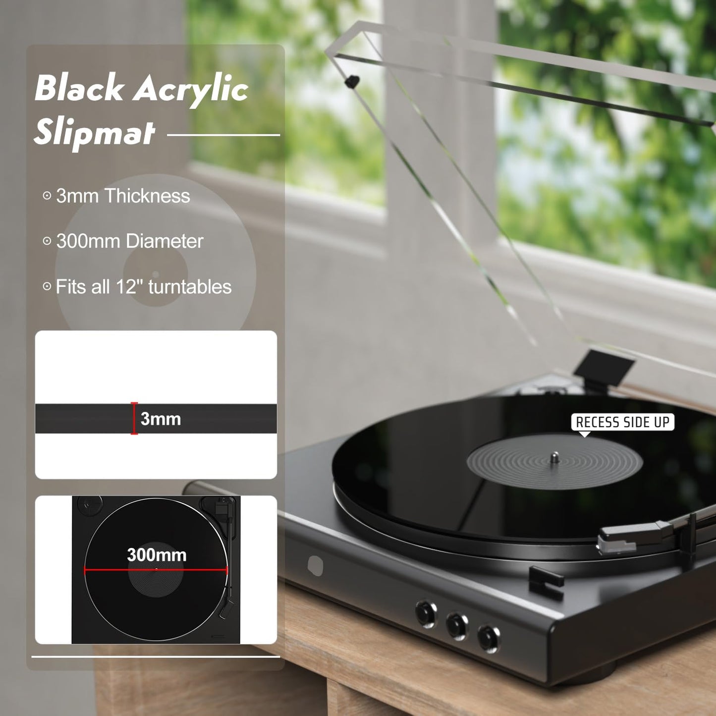 Tapete para Tocadiscos, Bandeja de Registro: Bandeja de Acrílico para Tocadiscos, Alfombrilla Antideslizante de Vinilo para Tocadiscos, Antiestáticos, Más Apretados y Definidos (e - Alfombrilla Negra)