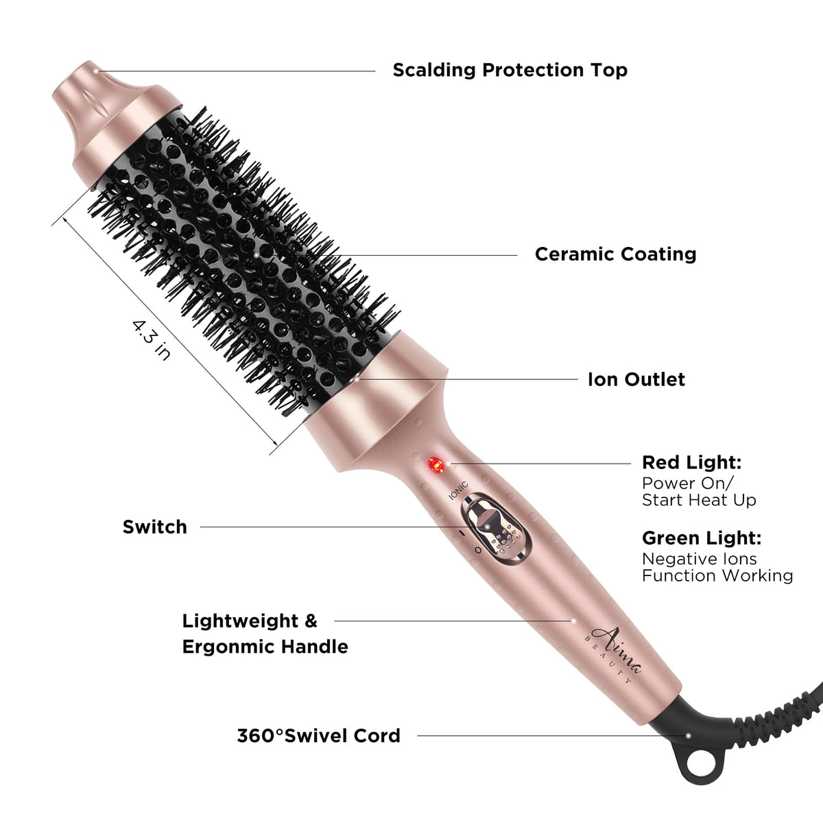 Cepillo Térmico Aima Beauty 1,3 Pulgadas Doble Voltaje Calentamiento Rápido 30 Segundos