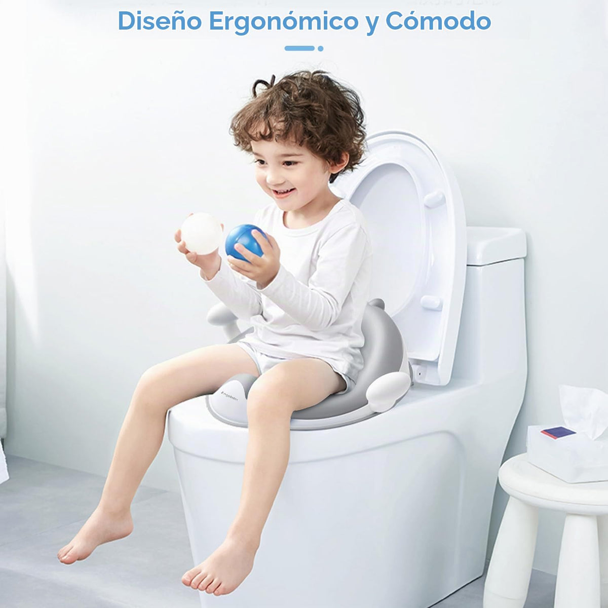 Angelbliss Asiento de inodoro infantil, para entrenamiento de Baby Potty, asiento de inodoro para niños y niñas, doble acolchado antideslizante, con asa y protección contra salpicaduras (Gris)