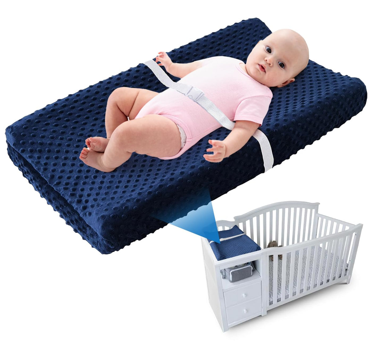 LOONAH - Cambiador pequeño compacto con cubierta, 27 x 16 pulgadas, cambiador de pañales contorneado para cuna combinada con cambiador, impermeable e hipoalergénico, correa de seguridad con hebilla de