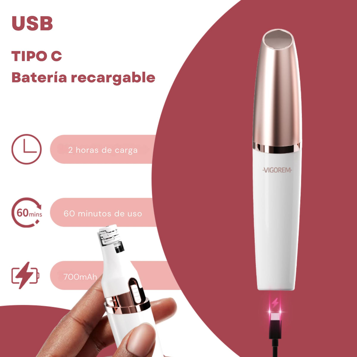 VIGOREM Depiladora Facial Mujer con Luz LED y Cabezal Ergonómico – Removedor Indoloro de Vello Recargable USB, Motor 5W – Depiladora Eléctrica para Labio Superior, Barbilla, Mejillas, Piernas y Brazos