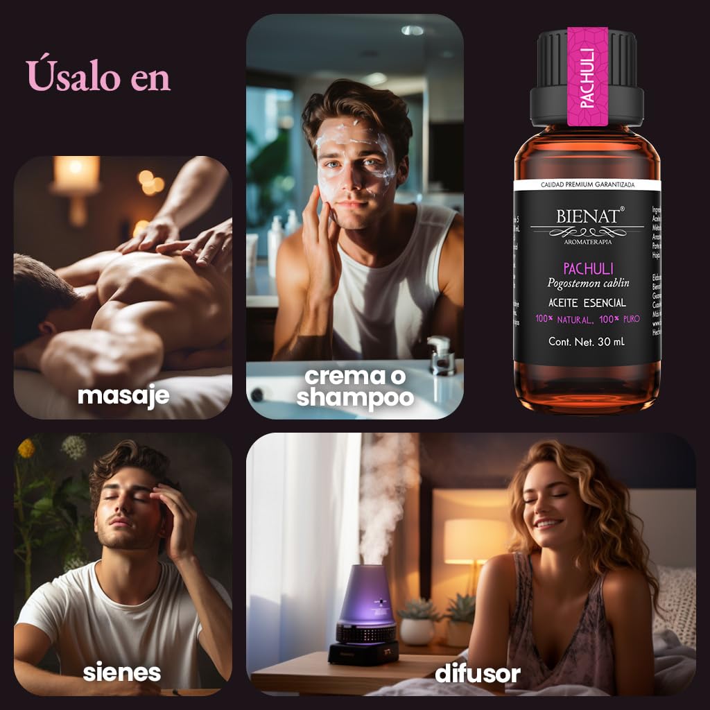 BIENAT AROMATERAPIA Aceite Esencial de Pachuli 30mL | 100% Puro y Concentrado | Ideal para Difusor de Aromas, Humidificador, Aromaterapia, Masajes, Meditación, Jabones y Velas | Esencia Natural en Gotas