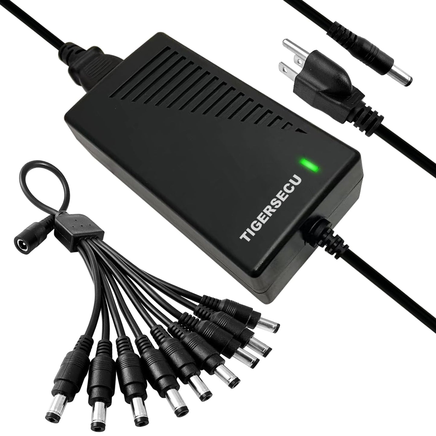 TIGERSECU Adaptador de Corriente para cámara de Seguridad con Divisor de Corriente de 9 vías, Fuente de alimentación de 12 V 5 A 100 V-240 V 2,1 x 5,5 mm