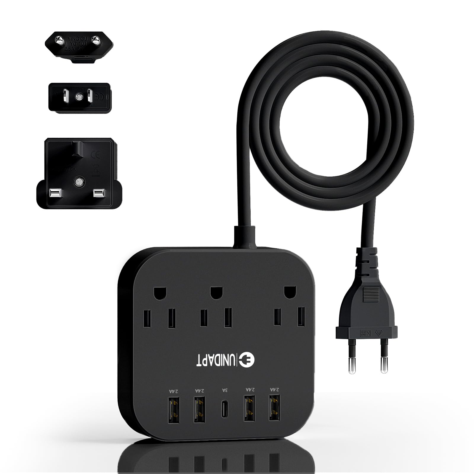 Adaptador de Enchufe Europeo Unidapt Negro con Regleta y Cable de Extensión de 5 Pies