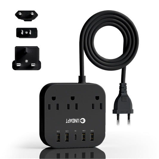 Adaptador de Enchufe Europeo Unidapt Negro con Regleta y Cable de Extensión de 5 Pies
