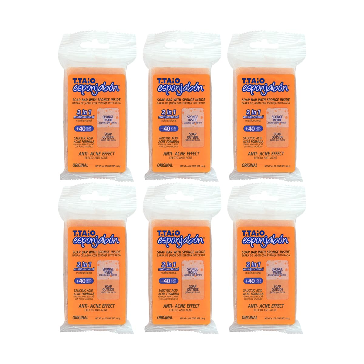 Jabón Corporal con Esponja Integrada 2 en 1, Exfoliación Suave, con Ácido Salicílico, Pack 6 Piezas, ESPONJABON T.TAIO