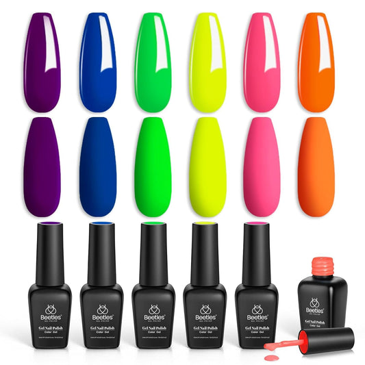 Beetles Esmaltes en Gel de Neón - 6 Colores Naranja neón Rosa Fuerte Azul Esmalte de Uñas de Gel Amarillo Verde Púrpura Esmalte de Gel Empapa Lámpara LED Kit de Uñas de Gel