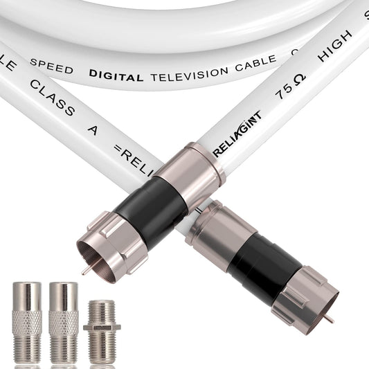 RELIAGINT Cable coaxial RG6 de 30 pies blanco, cable coaxial de 75 ohmios con conector F y acoplador doble hembra F81, cable de extensión de antena de TV de alta velocidad y baja pérdida para TV HD