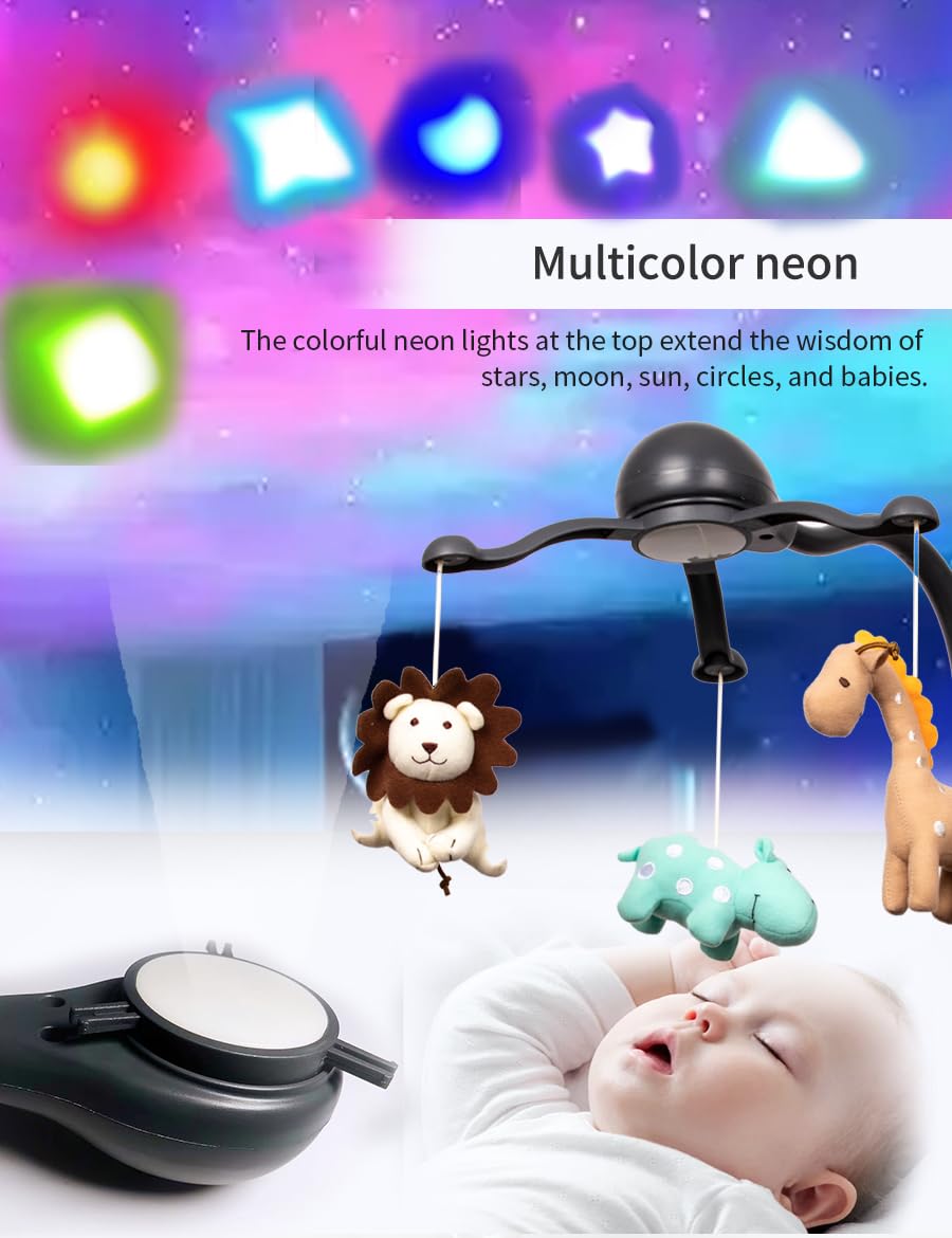 Hougyi Baby Music Mobile for Crib Playpen with Nursy Lights,Relaxing Music and Natural Sounds. Includes Light Projector with Stars and Shapes. Newborn Nursery Toys with Cradle Vibration. (Grey)