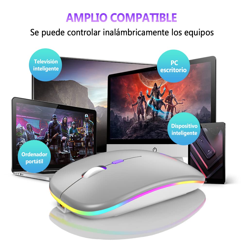 Free wolf X15 Mouse Inalámbrico, Mouse Bluetooth y 2.4GHz Modos Dual Recargable y Ergonómico, Click Silencioso con Receptor USB 3 Ajustable dpi Ratón para Computadora, Portátil, PC, Mac (Plata)