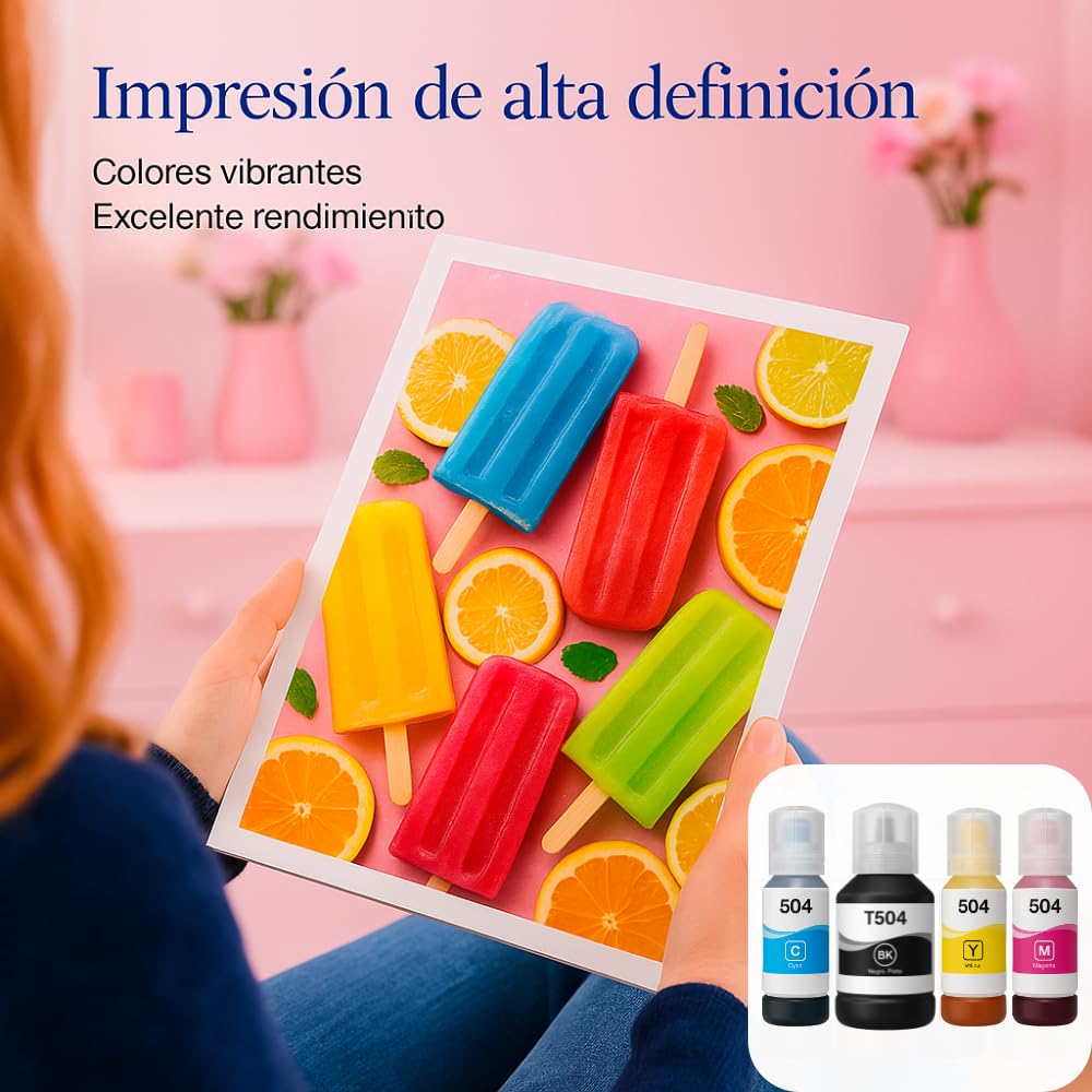 LizzVicc Pack de Tinta Genérica para Epson 504, T504– Compatible con EcoTank L4150, L4160, L6171, L6191, L6270, L14150 – 2 Botellas Negras (127 ml c/u) + 1 Cian, 1 Magenta y 1 Amarillo (70 ml c/u)