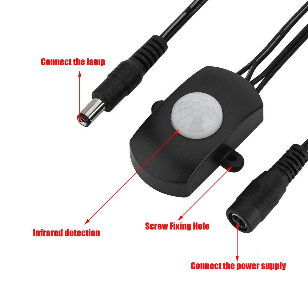 Interruptor Diyeeni 120 Grados 2-360 Segundos Rango de Retardo Ajustable,5A DC 5-24V Mini PIR Sensor Infrarrojo,Sensor de Movimiento Detector,LED Tira Interruptor Automático (negro)