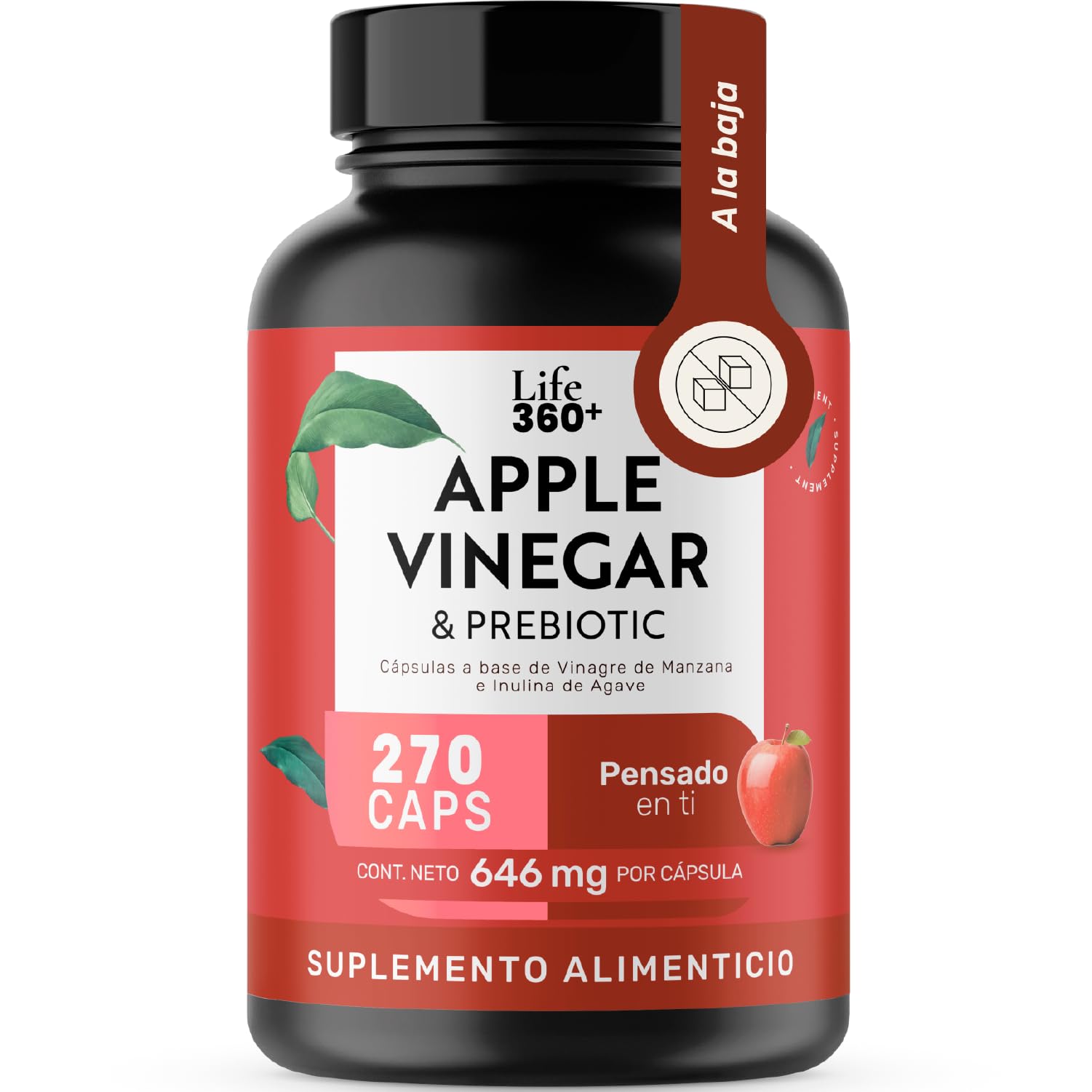 LIFE 360+ Apple Vinegar & Prebiotic | 270 Cápsulas | Vinagre de Manzana, Estearato de Magnesio e Inulina de agave (Prebiótico) | Suplemento Alimenticio en cápsulas | 90 porciones por envase