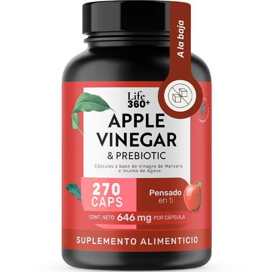 LIFE 360+ Apple Vinegar & Prebiotic | 270 Cápsulas | Vinagre de Manzana, Estearato de Magnesio e Inulina de agave (Prebiótico) | Suplemento Alimenticio en cápsulas | 90 porciones por envase