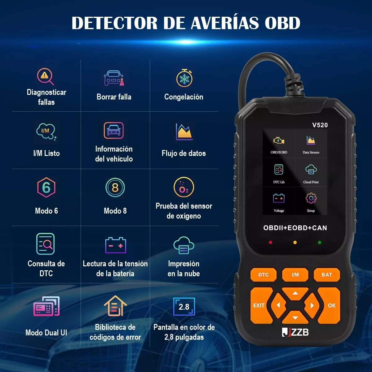 Scanner OBD2 JZZB Azul Multifunción para Automóvil
