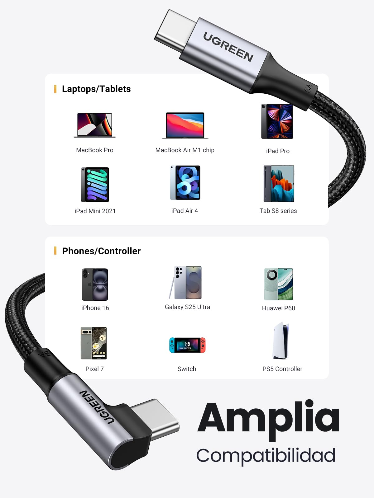 Cable USB C 100W UGREEN Negro 90 Grados Carga Rápida 2M