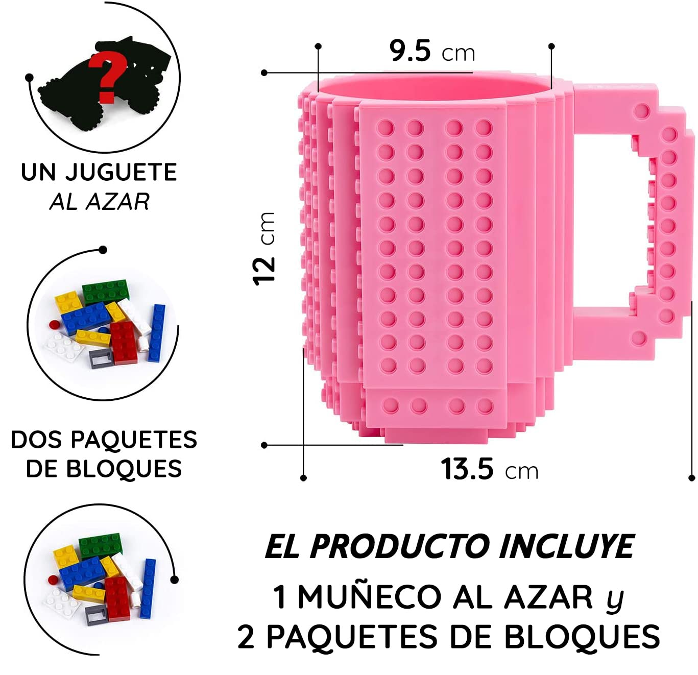 John & John Taza armable de diseño Divertido para Ladrillos, Incluye un muñeco y 2 Sets de Bloques de construcción para Jugar (10 Colores) - Rosa Claro