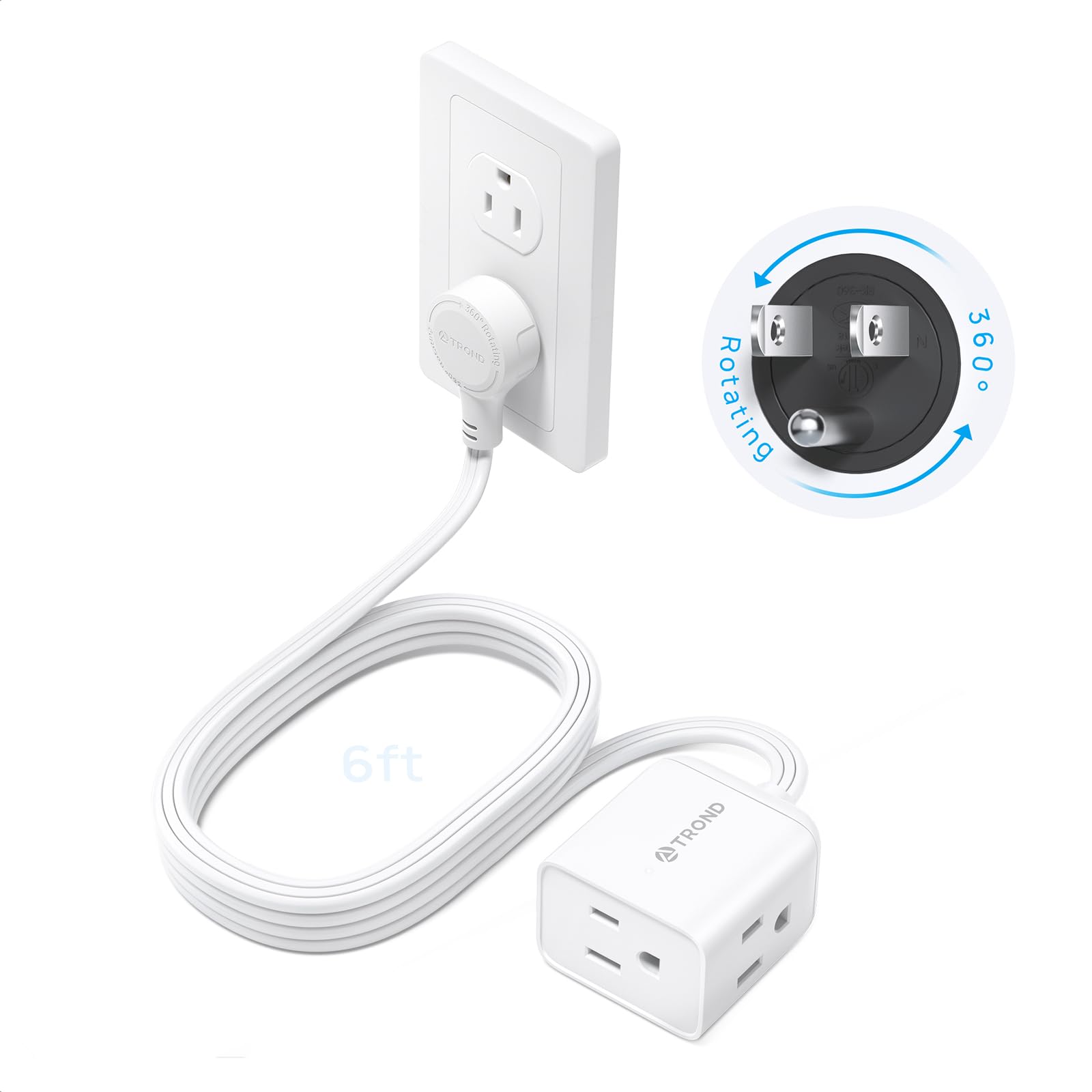 TROND Cable de Extensión 6 Pies - Enchufe Giratorio 360°, Tomas de 3 Puntas con Tierra, 13A, Cable SPT 16/3 AWG, Ideal para Hogar, Oficina, Cruceros y Viajes, Blanco.