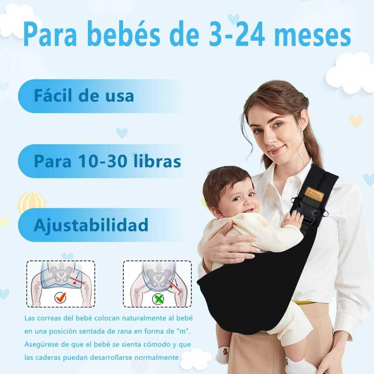 NUIO Porta Bebe, Mochila Ergonomica Bebe,Cangurera para Bebe Ajustable y Transpirable, Multifuncional y que Ahorra trabajo, Soporte Firme para Bebé, Apto para Niños de 3 a 24 Meses (Negro puro)