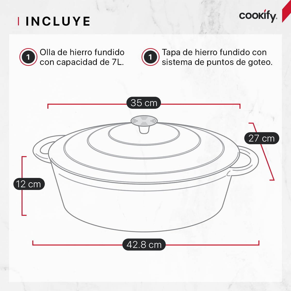 Cookify Olla de Hierro Fundido Esmaltado para Horno y Estufa, Horno Holandés Capacidad 7 Litros Dutch Oven (Gris, 35 cm)