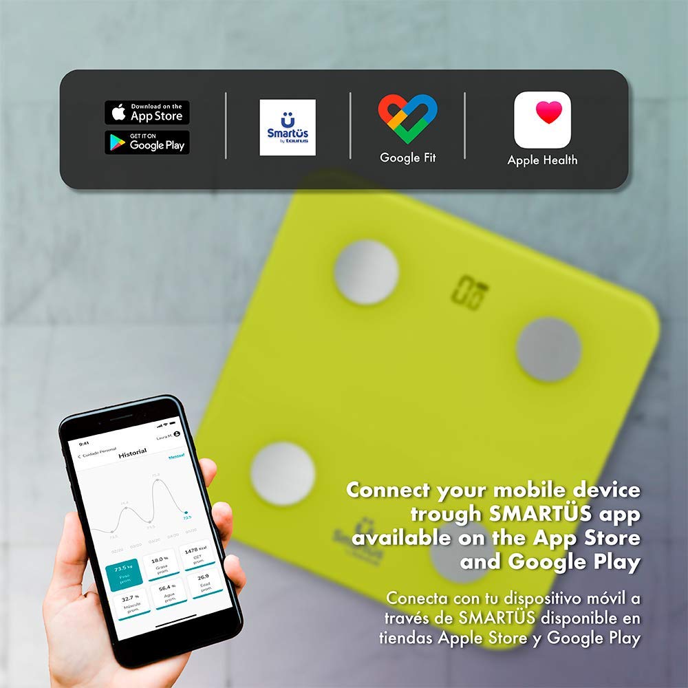 SMARTÜS NEXÜS Báscula Digital, Báscula Inteligente Bluetooth con Análisis Corporal, Porcentajes de Grasa, Masa Muscular, Agua y Densidad Ósea
