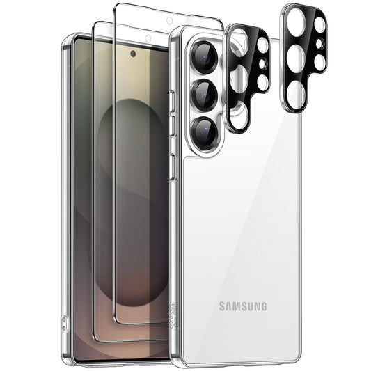 JETech 5 en 1 Funda para Samsung Galaxy S25 Ultra 5G con 2 Protector Pantalla Mica Cristal Vidrio Templado y 2 Protector Lente Cámara, Carcasa Anti-Amarillo Antigolpes (Transparente)