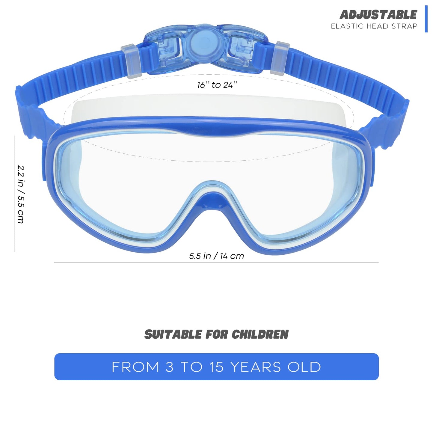 KAILIMENG - Gafas de natación para niños, visión amplia, sin fugas, antiniebla, protección UV, con clip para la nariz y tapones, para los oídos para niños de 3 a 15 años (Azul y morado, 2 unidades)