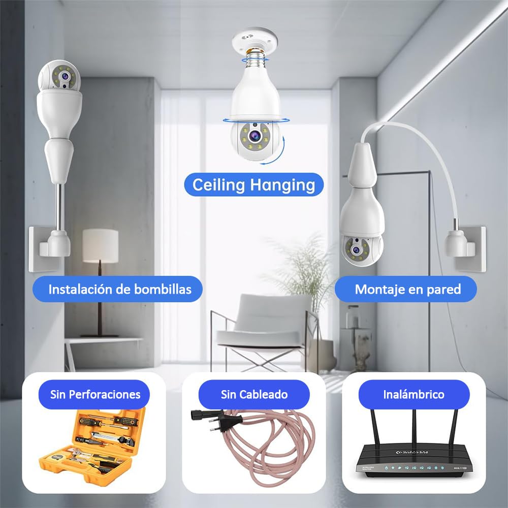 Foco de Seguridad EASYTAO Blanco Visión Nocturna 360° Compatible con Alexa