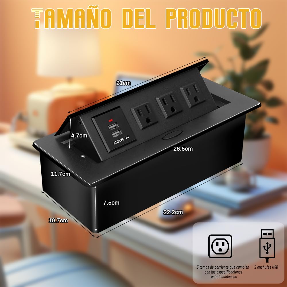 Testpoty Enchufe de Escritorio Oculto, Tira de Alimentación Empotrada para Muebles de Escritorio con Puertos USB, Estación de Carga de Computadora con 3 Tomas de Corriente y 2 Puertos USB